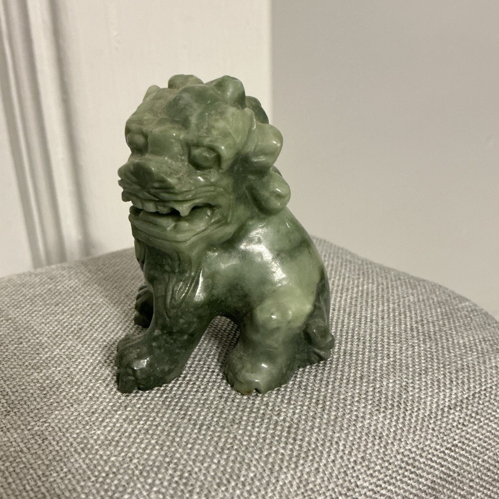 Vintage Hand‎ Carved JADE FOO DOG Stone Figurine Statue 2.5"